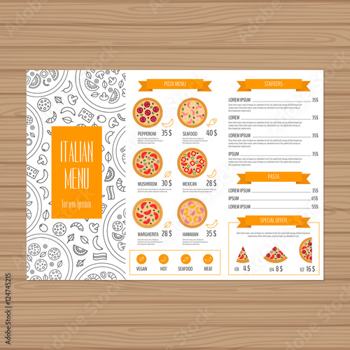 Pizza menu design. Tri-fold leaflet layout template. Restaurant brochure with modern line graphic. Vector illustration.