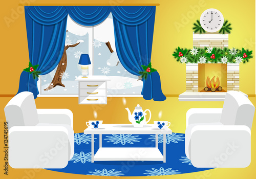 The interior of the living room . Comfortable living room vector illustration. Christmas eve
