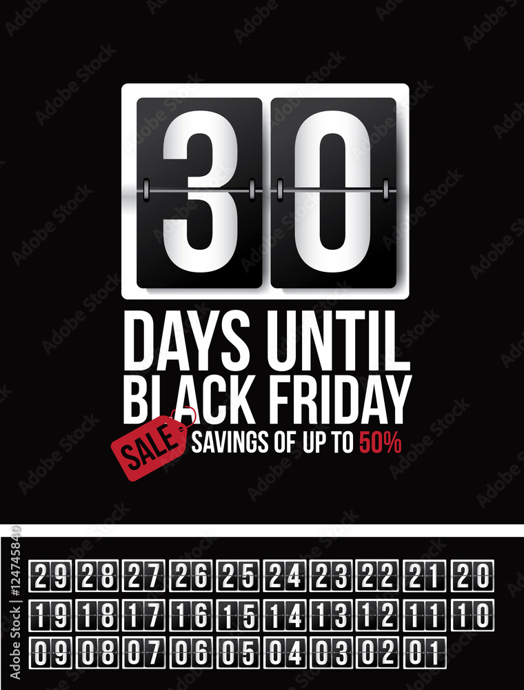 Obraz premium Countdown to Black Friday sale flip numbers template with numbers 01 through 30. EPS 10 vector.