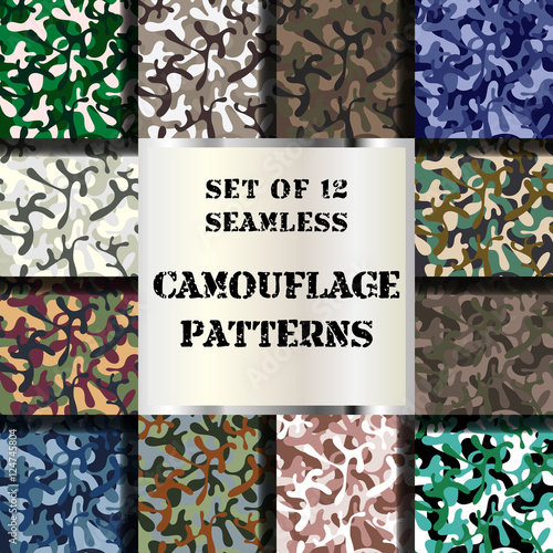 Set of 12 seamless camouflage patterns. Vector collection of classic woodland, navy, desert & arctic seamless camo backgrounds. 