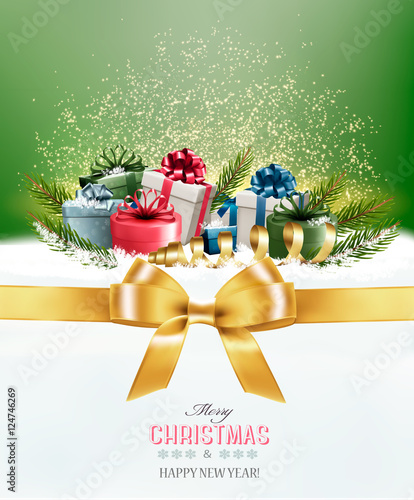 Holiday Christmas background with colorful gift boxes and a gold