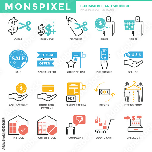 Flat thin line Icons set of E-commerce and Shopping. Pixel Perfe