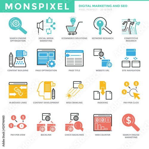 Flat thin line Icons set of Digital Marketing and SEO. Pixel Per