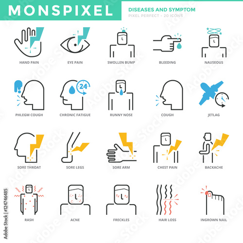 Flat thin line Icons set of Diseases and Symptom. Pixel Perfect