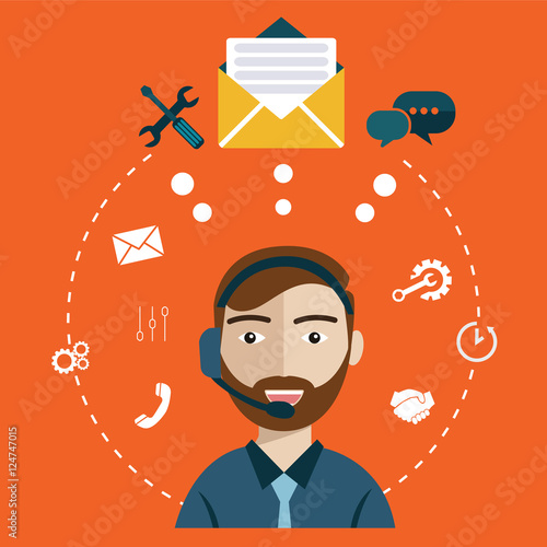 Business customer care service concept flat icons set of contact us support help desk phone call and website click for infographics design web elements vector illustration.