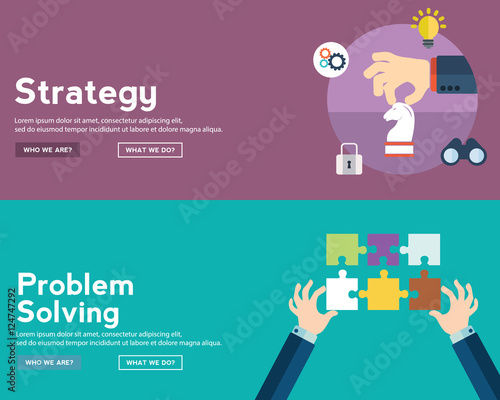Vector set of strategy and problem solving icons and illustrations in flat style - goal achievement and business tactics banner set