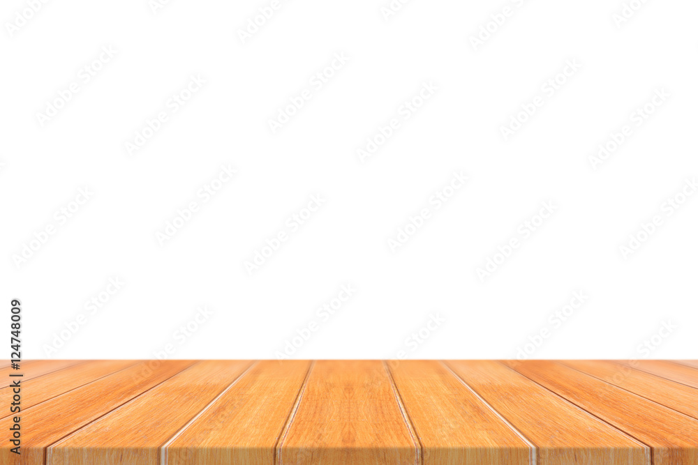 Empty light wooden board table top isolated on white background. Perspective brown wood table isolated on background - can be used mock up for display or montage your products or design visual layout. Empty light wooden board table top isolated on white background. Perspective brown wood table isolated on background - can be used mock up for display or montage your products or design visual layout.