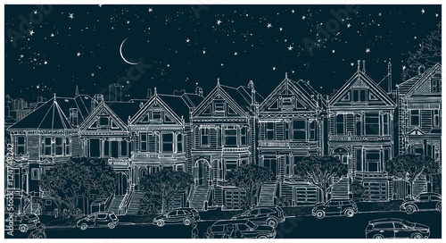 Hand drawn black and white illustration of the city of San Francisco at night. Architectural ensemble of similar Victorian houses - Painted Ladies. Beautiful starry sky with the moon. Travel postcard.