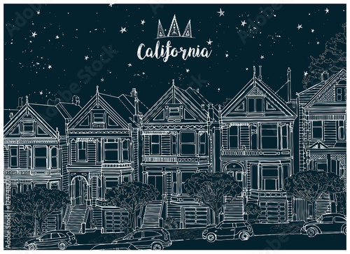 Hand drawn black and white illustration. Urban landscape of San Francisco at night.  Architectural ensemble of similar Victorian houses- Painted Ladies. Beautiful starry sky. Postcard