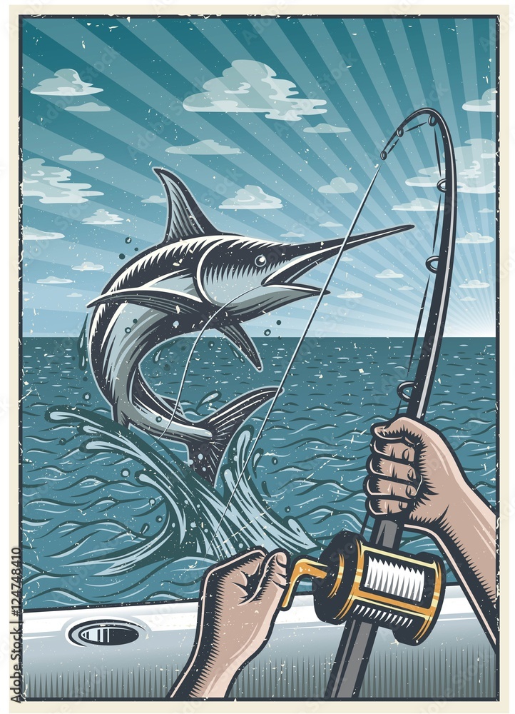 Vintage deep sea fishing background with hands holding fishing rod