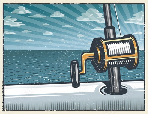 Vintage deep sea fishing background with fishing rod in the open sea on the boat. With grunge texture. Layered, separate texture.