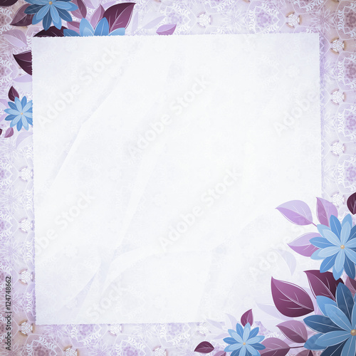 Vintage vignette with blank paper and floral corners, violet