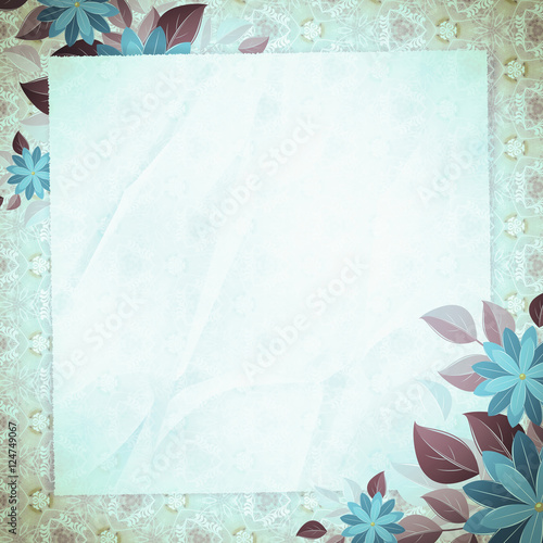 Vintage vignette with blank paper and floral angles, sky-blue