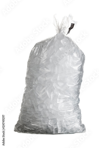 Isolated shot of bag of ice against white background with path