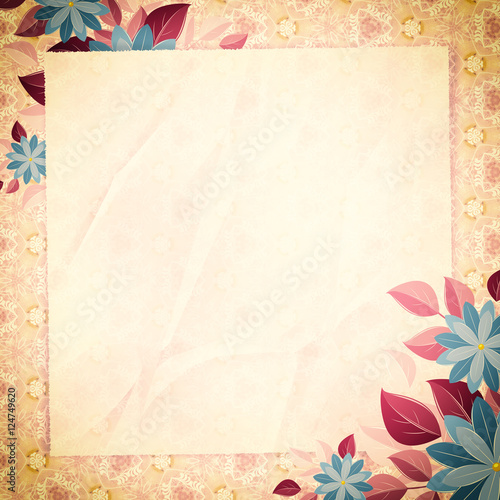 Vintage vignette with blank paper and floral corners, orange