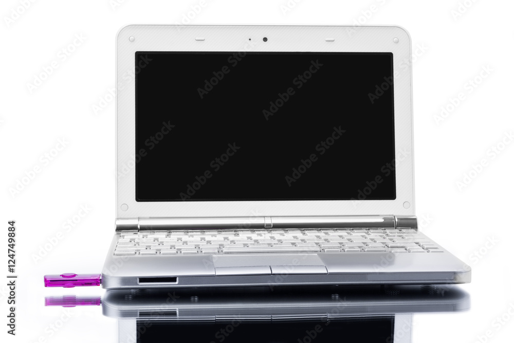 open silver netbook and pink USB key with reflected shadow open silver netbook and pink USB key with reflected shadow