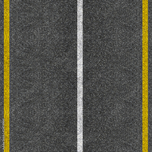 Seamless texture of grey asphalt road with white and yellow stripes © Riko Best