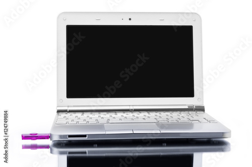 Wallpaper Mural open silver netbook and pink USB key with reflected shadow Torontodigital.ca