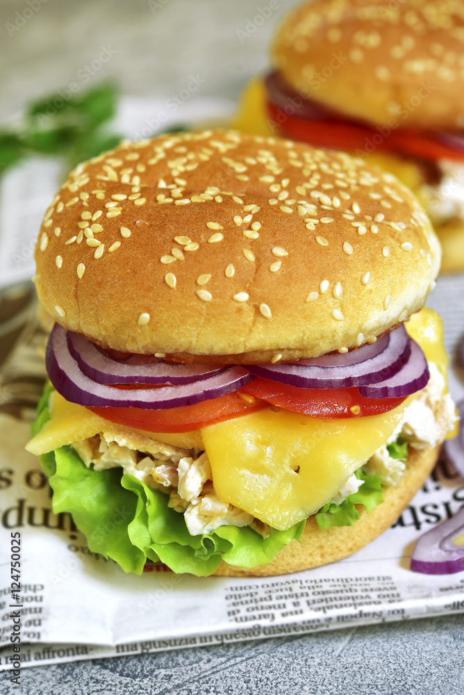 Cheeseburger with chicken salad and fresh vegetables. Cheeseburger with chicken salad and fresh vegetables.