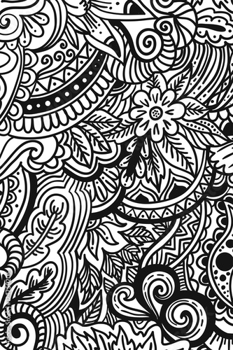 monochrome vertical banner painted in patterns floral, zentangle and Doodle