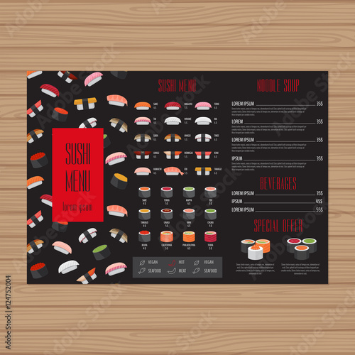 Sushi menu design. Tri-fold leaflet layout template. Japanese food restaurant brochure with modern graphic. Vector illustration.