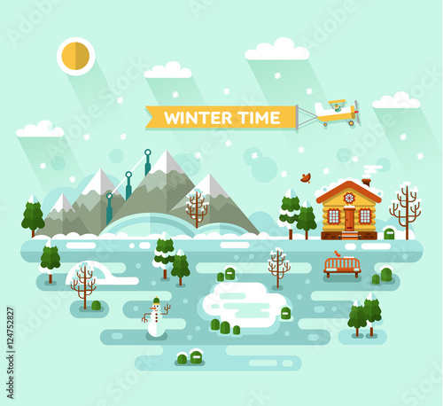 Flat design vector nature winter landscape illustration with house, pond, snowman, bench, sun, mountains, birds, clouds, trees, snow, snowflakes, snowfall, snowdrift. Airplane with banner. Winter time