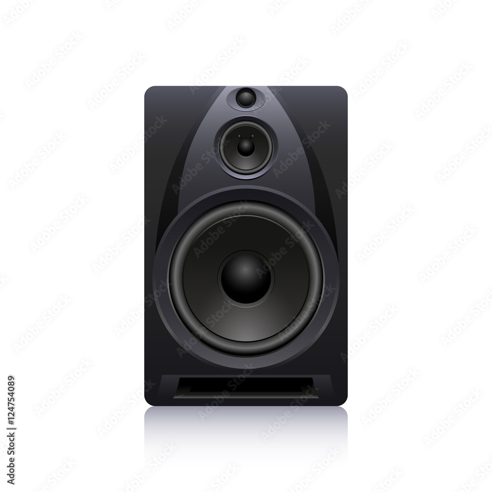 Black sound speaker on white background. Vector illustration. Realistic design. Black sound speaker on white background. Vector illustration. Realistic design.
