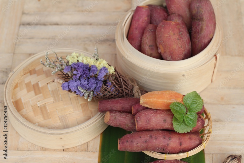 sweet potato boiled is delicious on wood background.