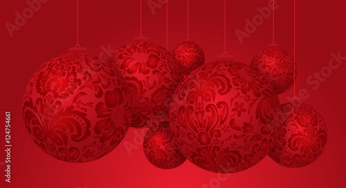 Christmas 3D realistic balls on red background