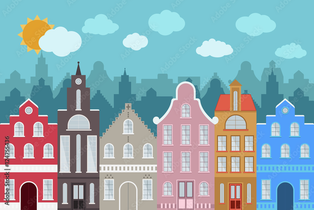 Set of European style colorful cartoon buildings.