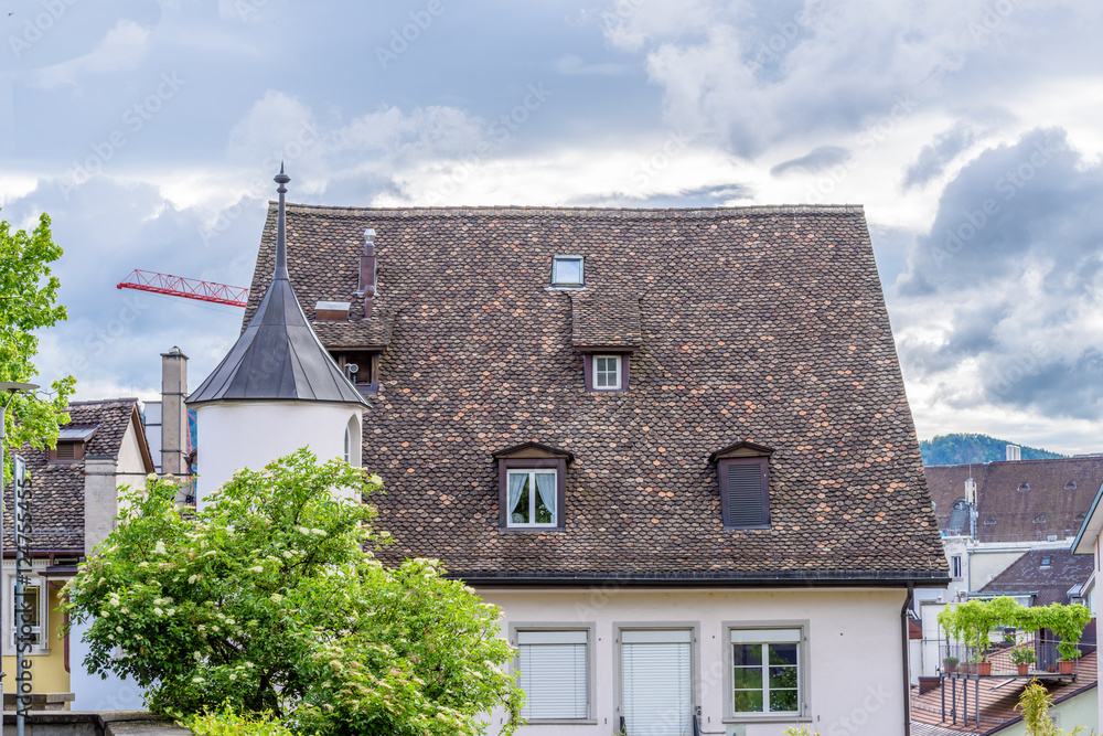 View of historic Zurich city center  on a cloudy day in summer, Canton of Zurich, Switzerland.