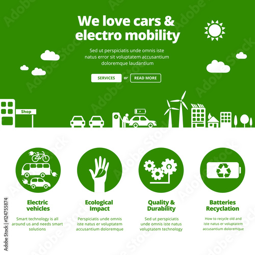 Electro mobility, electric cars, ecology & green energy concept. Minimal webdesign template.