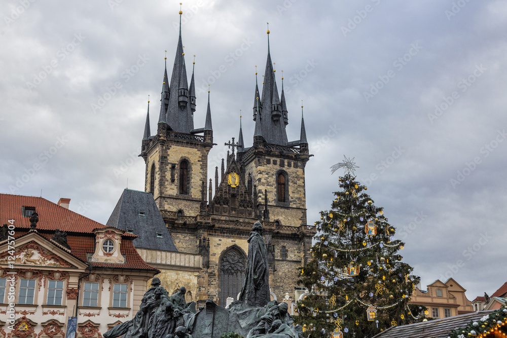 Old Town Square, with the monument to Jan Hus and a Christmas tree