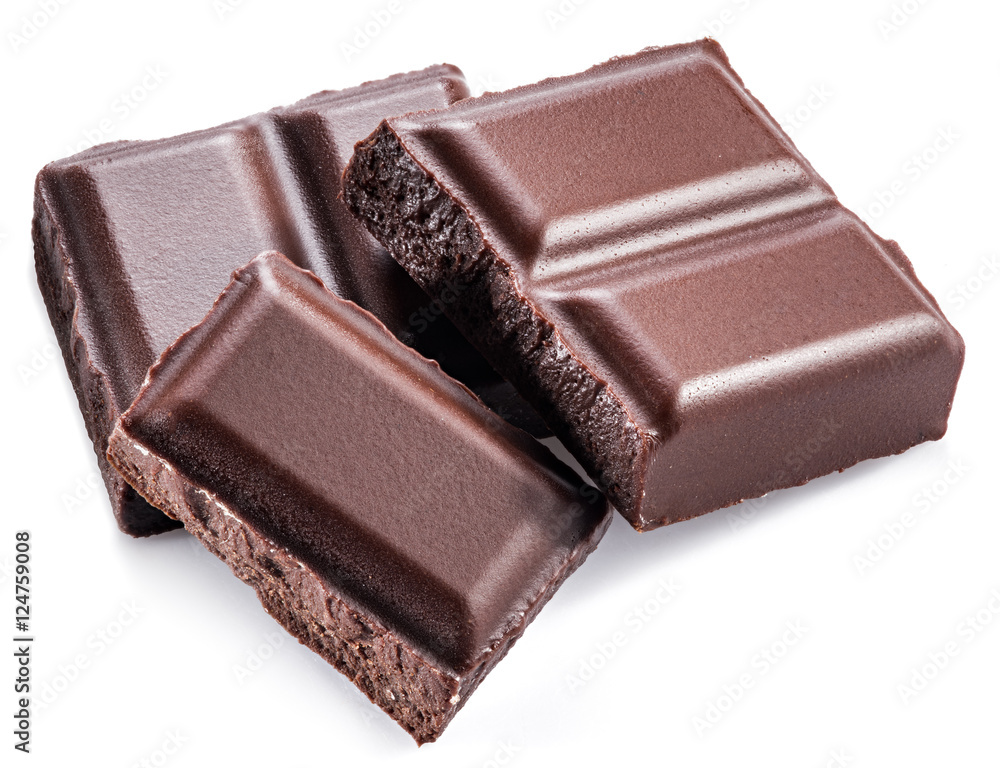 Pieces of chocolate bar isolated on a white background. Pieces of chocolate bar isolated on a white background.