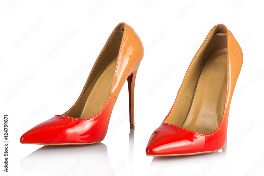 Red beige gradient on shoes Louboutin. On white, isolated background. Red beige gradient on shoes Louboutin. On white, isolated background.