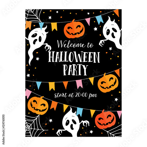 Halloween or Dia de los Muertos card, party invitation. Decoration with freaky pumpkins, party flags, ghosts, spiders net.Vector