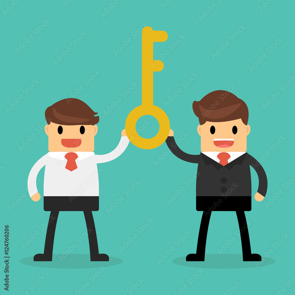 Bisnessman holding a golden key to success Bisnessman holding a golden key to success