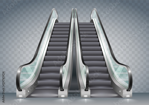 Double escalator shopping center or office with clear glass. Vector graphics
