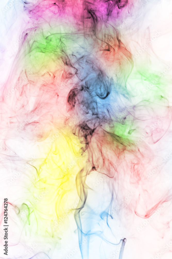 Abstract background. Movement of colorful smoke on white background.