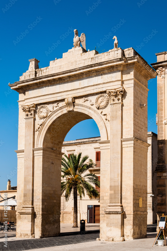 Royal Gate or Arch of Porta Reale in Noto, Sicily, Italy