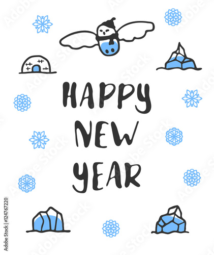 Happy new year poster with lettering. Funny doodle snowy owl with cartoon icebergs and snowflakes. Vector illustration isolated on white. Cute owl wears scarf nad hat