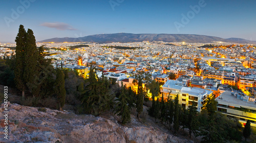 Evening view of Athens from Filopappou hill, Greece.