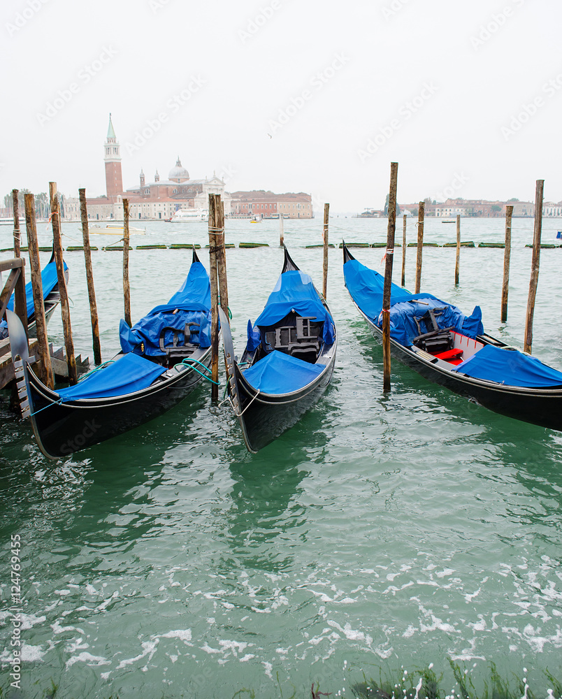 Fototapeta premium Three gondolas in Venice on the Grand Canal, Italy.