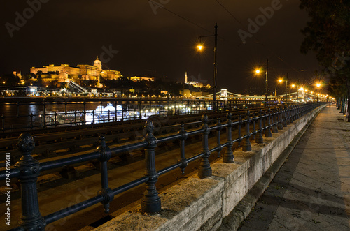 Embankment in Budapest view of the Buda Castle and the Chain Bri