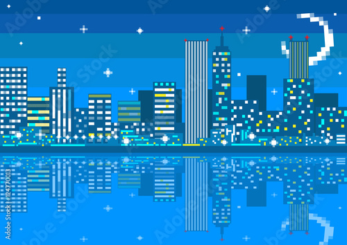 Pixel art night city card. Vector illustration