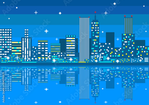 Pixel art night city card. Vector illustration