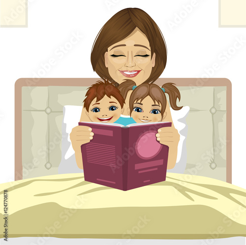 young mother reading tale story to her children sitting together on bed