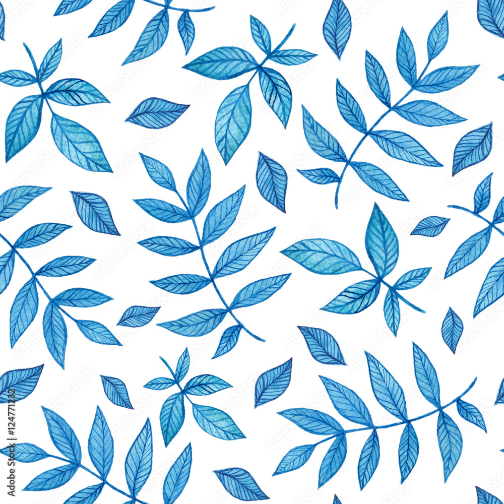 Watercolor seamless pattern with blue branches isolated on white. Blue floral repeating background for wrapping paper, textile, fabric etc. Watercolor seamless pattern with blue branches isolated on white. Blue floral repeating background for wrapping paper, textile, fabric etc.
