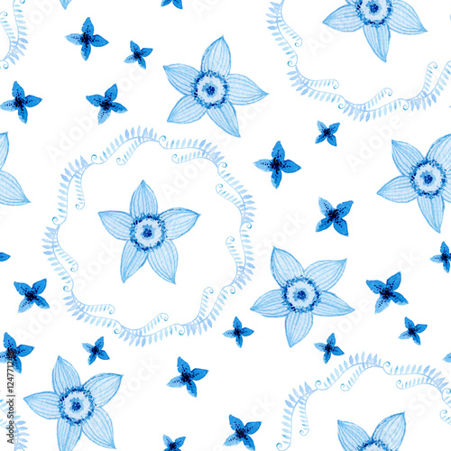 Watercolor seamless pattern with blue flowers isolated on white. Blue floral repeating background for wrapping paper, textile, fabric etc. 