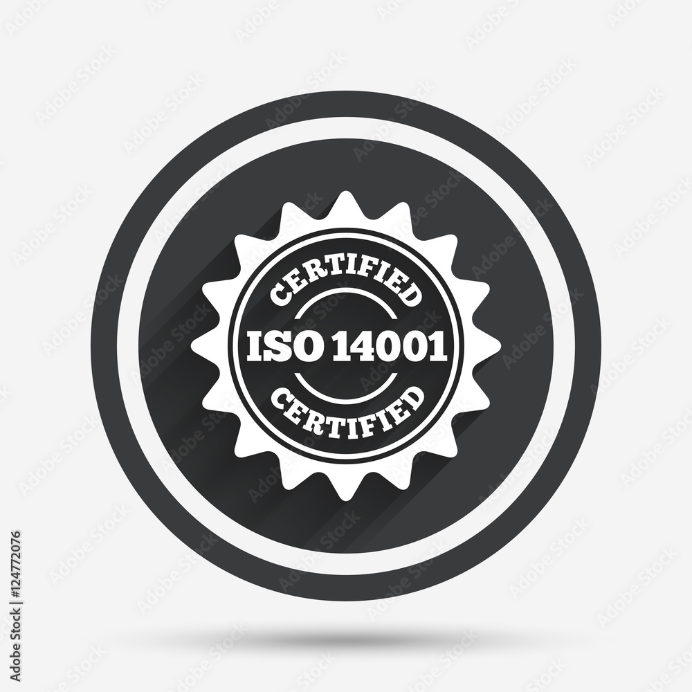 ISO 14001 certified sign. Certification stamp.